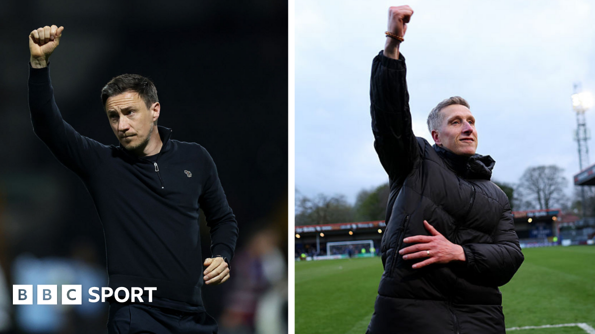 A composition image of York City manager Stuart Maynard and Rochdale manager Jimmy McNulty raising their arms in loft in celebrations after wins for their respective clubs in the National League 2025-26 title race