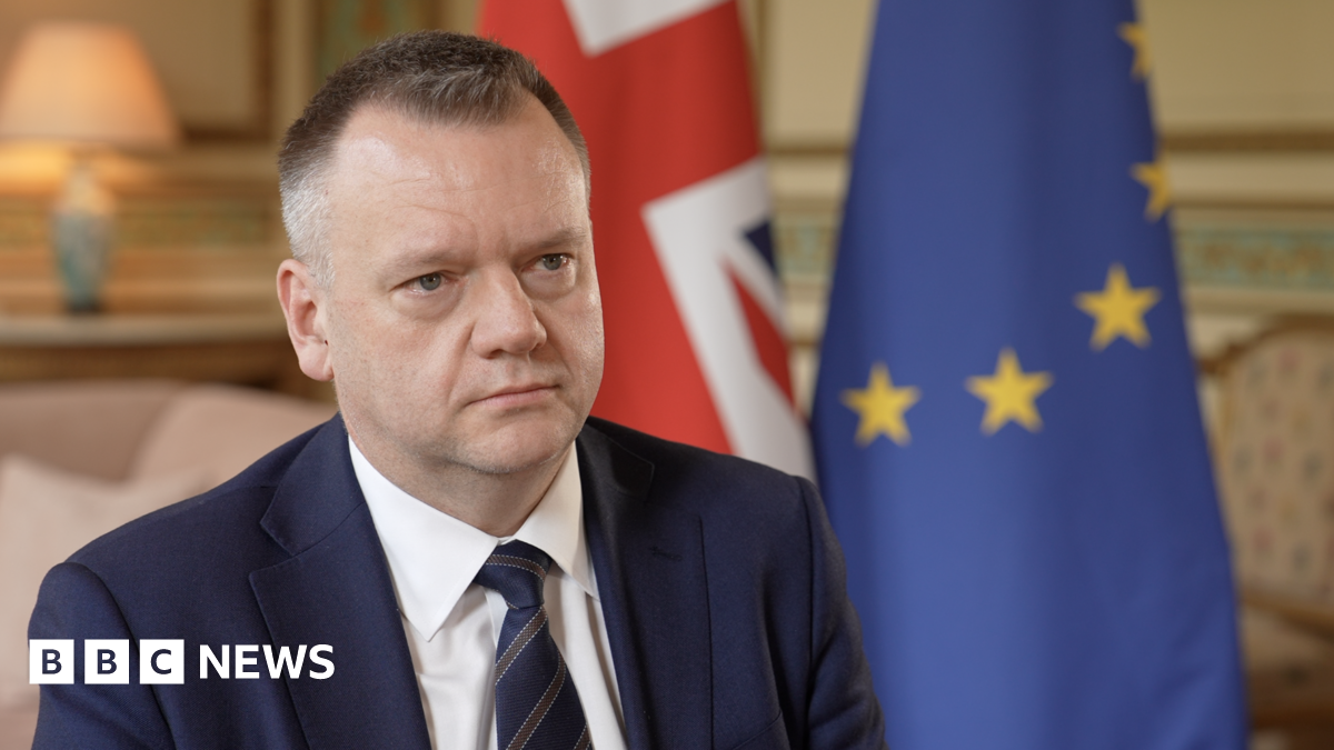 Nick Thomas-Symmonds sits for an interview, wearing a dark suit, white shirt and tie. UK and EU flags are positioned behind him.