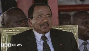 Paul Biya wearing a dark suit and tie sitting in a gold-backed chair.