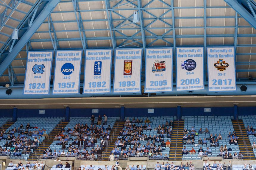 North Carolina's championship banners hang in the Dean E. Smith Center.