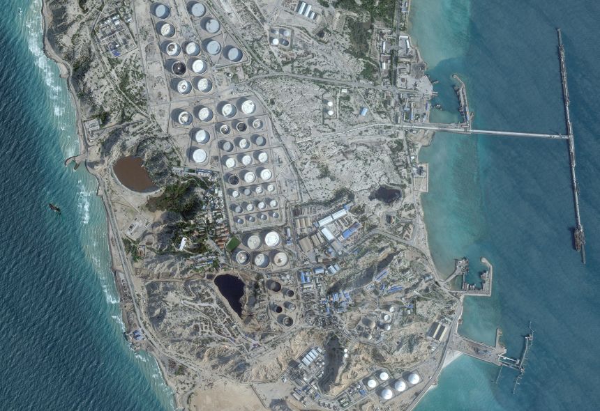 Satellite image showing an oil terminal on Kharg Island, Iran on February 25.