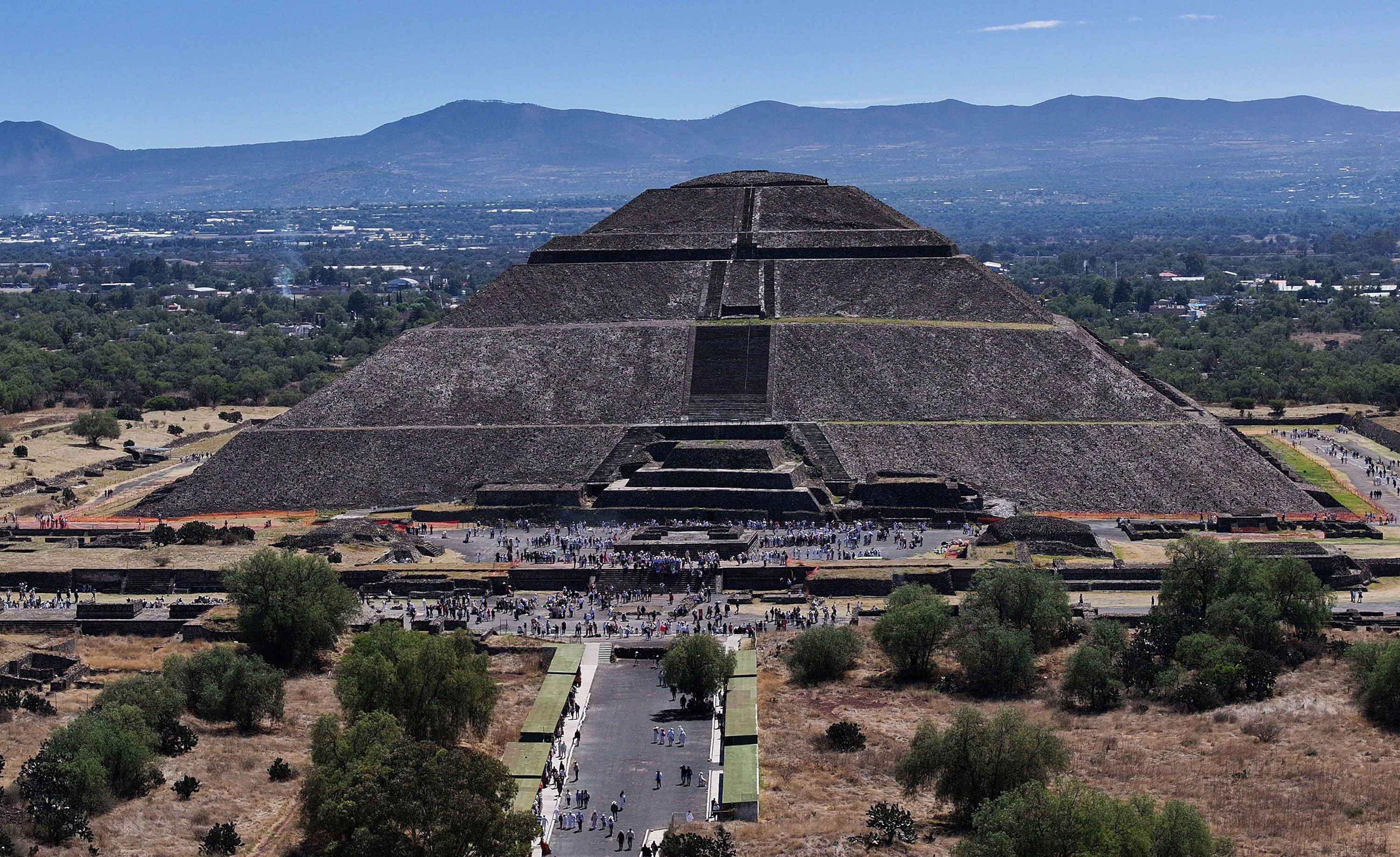 A drone view of visitors at the archaeological site of Teotihuacan as they gather to welcome the spring equinox, in Teotihuacan, State of Mexico, Mexico, March 21.