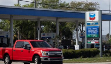 Gas prices are displayed at a gas station in Titusville