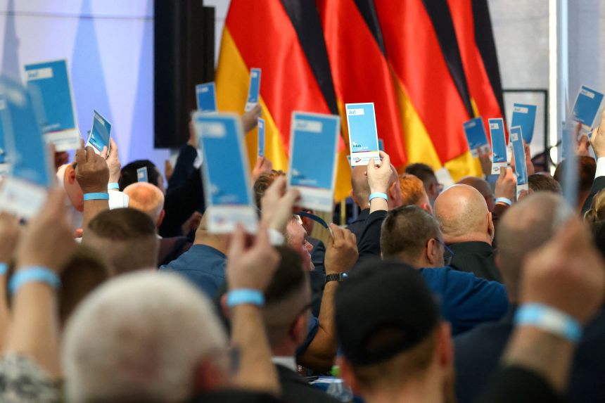 Attendees vote on the party's agenda during the Alternative for Germany (AfD) party convention in Magdeburg, Germany, on April 11, 2026.