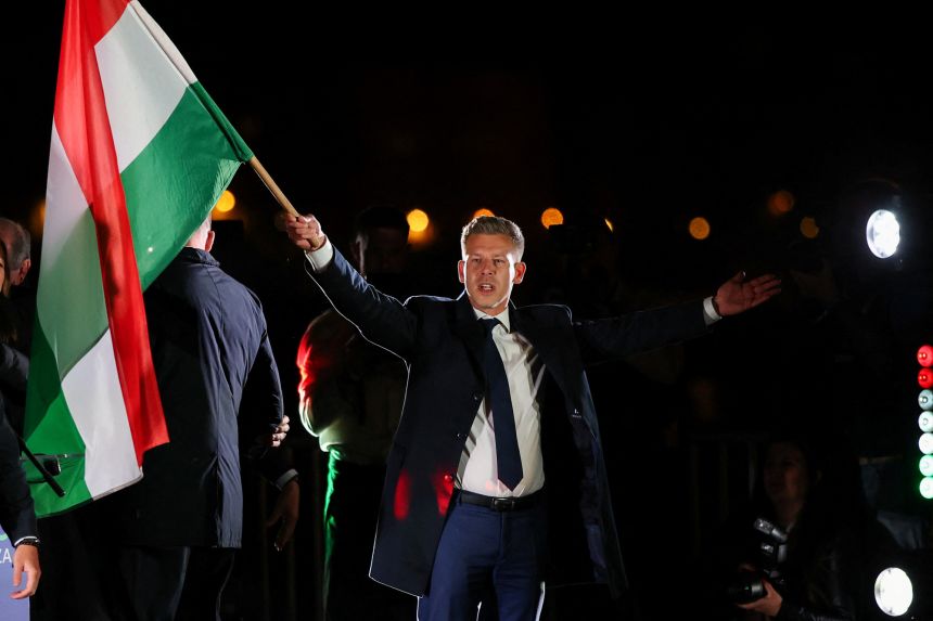 Magyar celebrates in Budapest after Prime Minister Viktor Orbán conceded defeat in Sunday's parliamentary eleection.