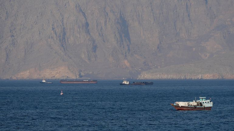 Ships and tankers in the Strait of Hormuz off the coast of Musandam, Oman, April 18, 2026. REUTERS/Stringer REFILE - QUALITY REPEAT TPX IMAGES OF THE DAY