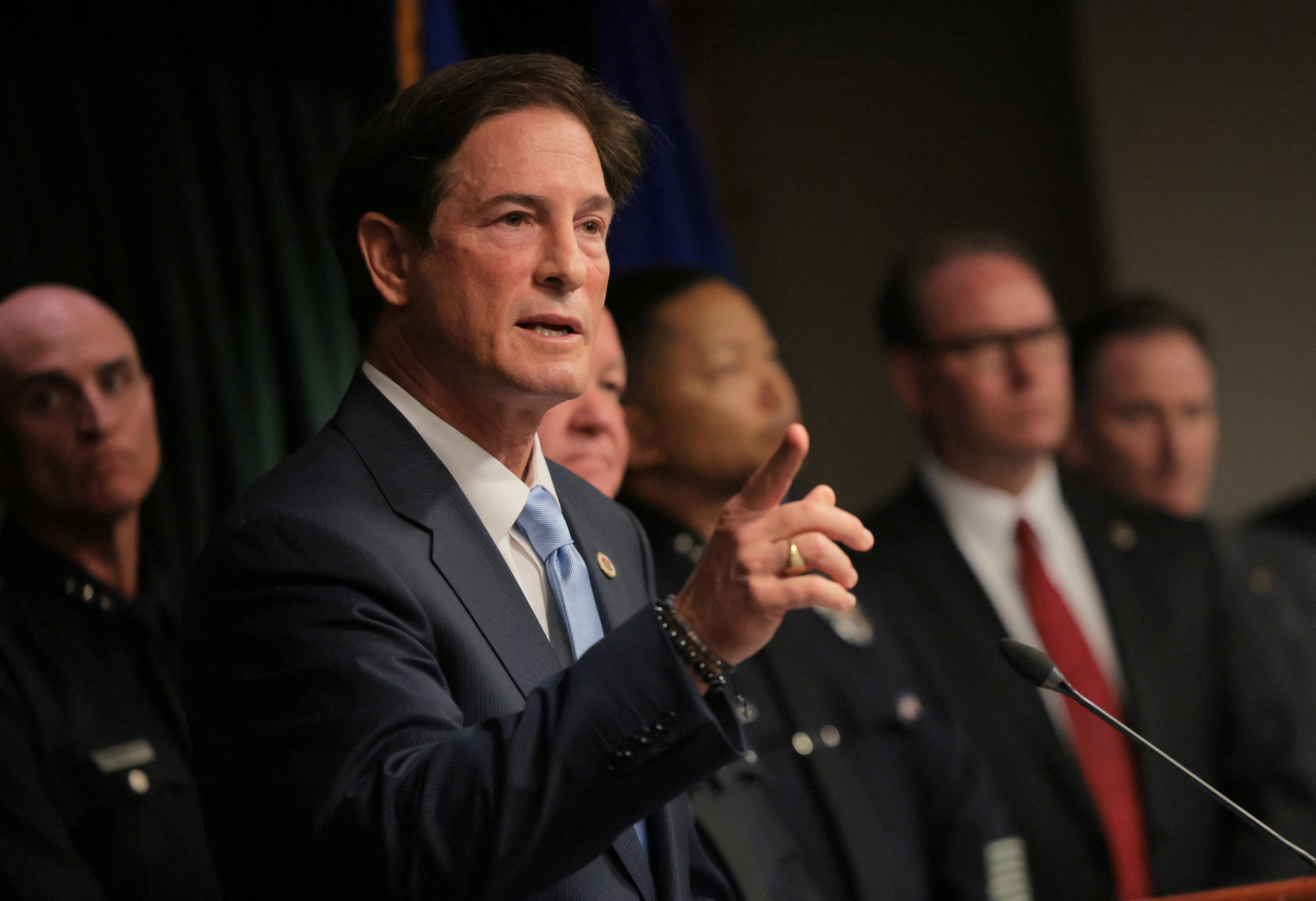 Los Angeles County District Attorney Nathan Hochman speaks during a press conference about the arrest of musician David Anthony Burke, known professionally as d4vd, in Los Angeles, California, U.S., April 20, 2026. REUTERS/Daniel Cole