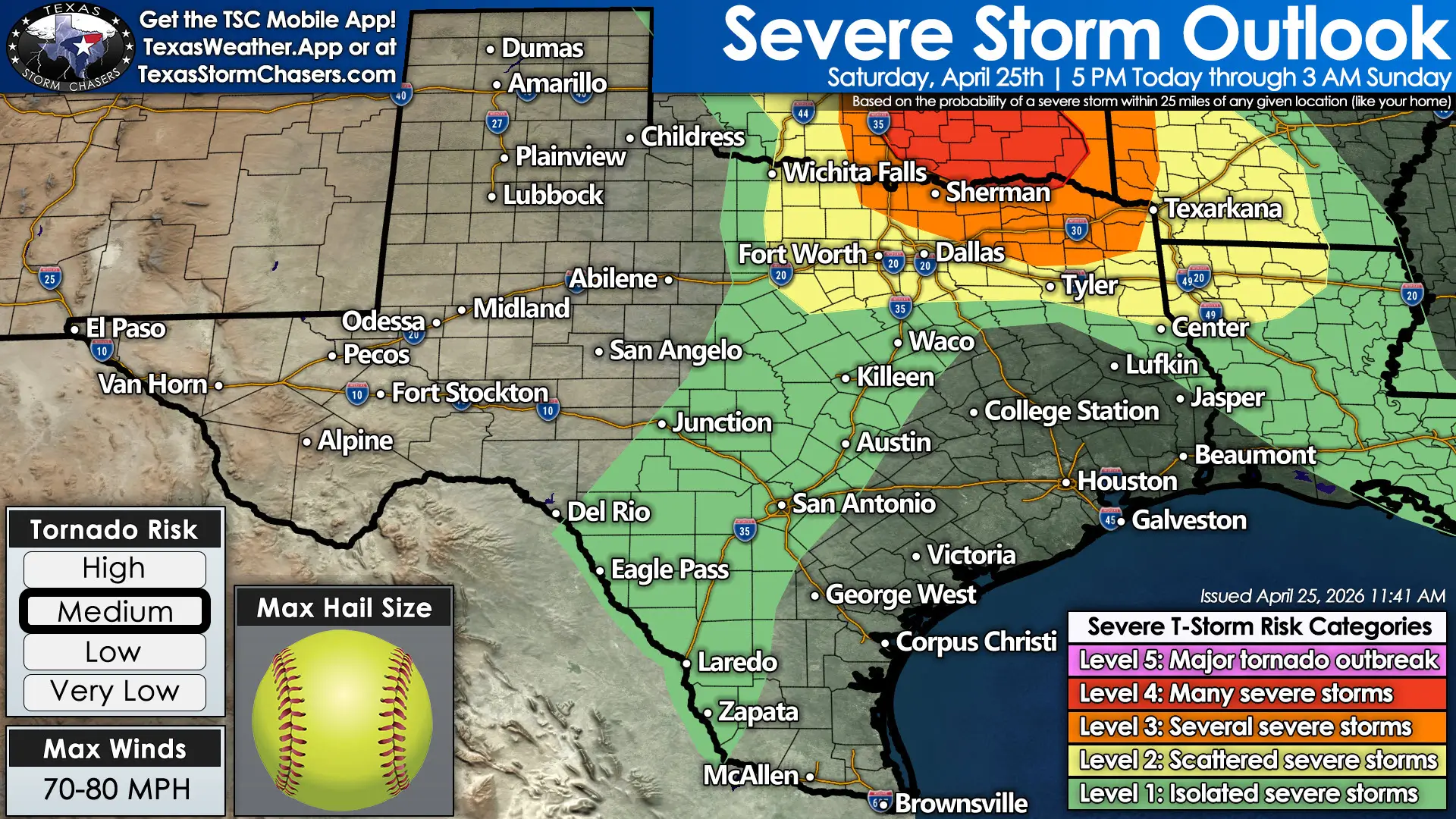 Texas severe weather outlook for Saturday, April 25, showing a medium severe storm risk across North Texas and Northeast Texas, with lower risks extending south and west across parts of Central, East, and South Texas, hail up to softball size, and winds of 70 to 80 mph.