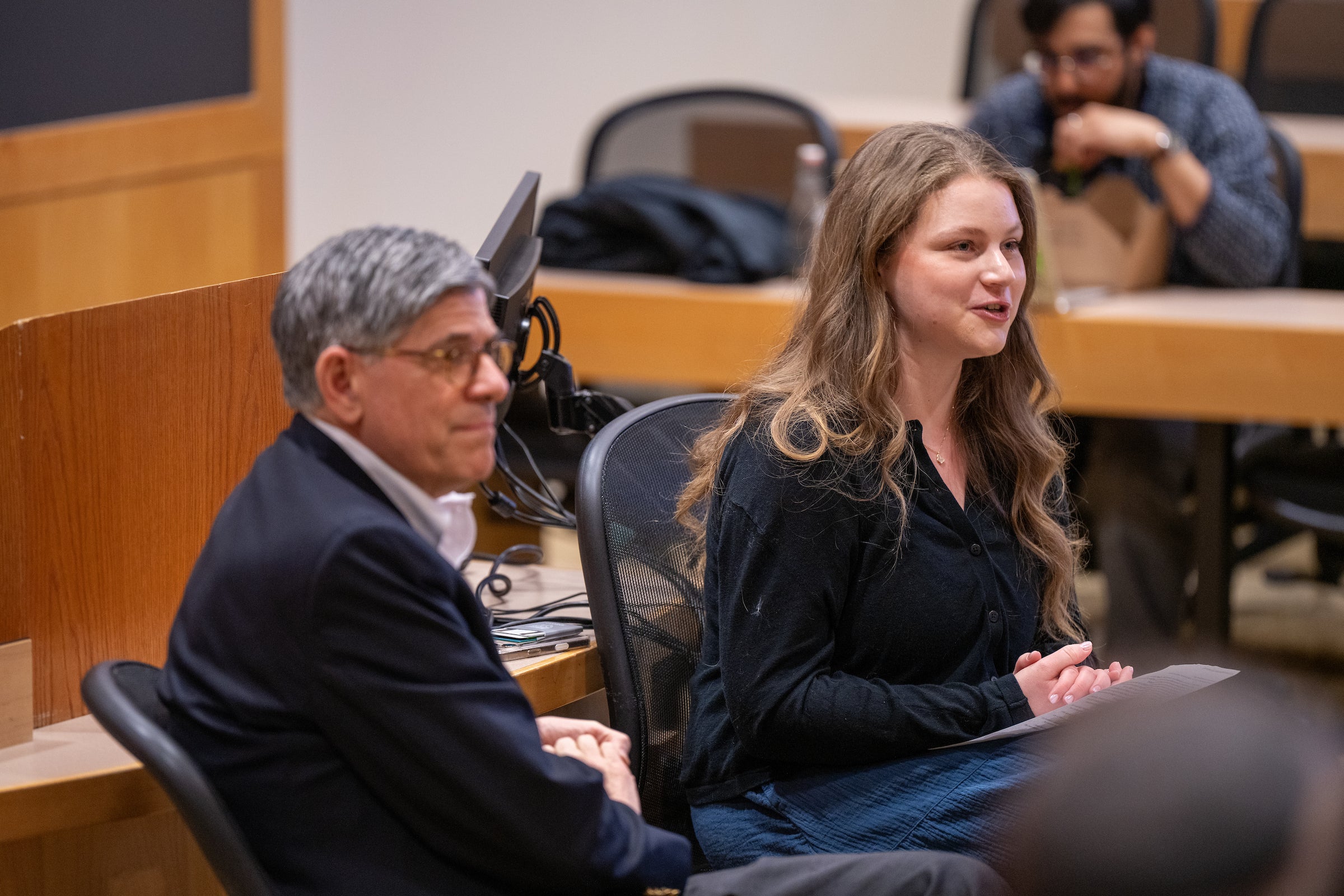 Jack Lew with student moderator Sabrina Goldfischer.