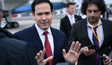 U.S. Secretary of State Marco Rubio gestures as he speaks to the press following a G7 Foreign Ministers' meeting with partner countries before his departure at the Bourget airport in Le Bourget, outside Paris, on March 27, 2026.