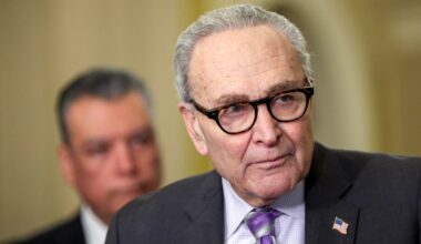 (R-L) U.S. Senate Minority Leader Sen. Chuck Schumer (D-NY) speaks as Sen. Alex Padilla (D-CA) listens during a news briefing on March 24, 2026 in Washington, D.C.