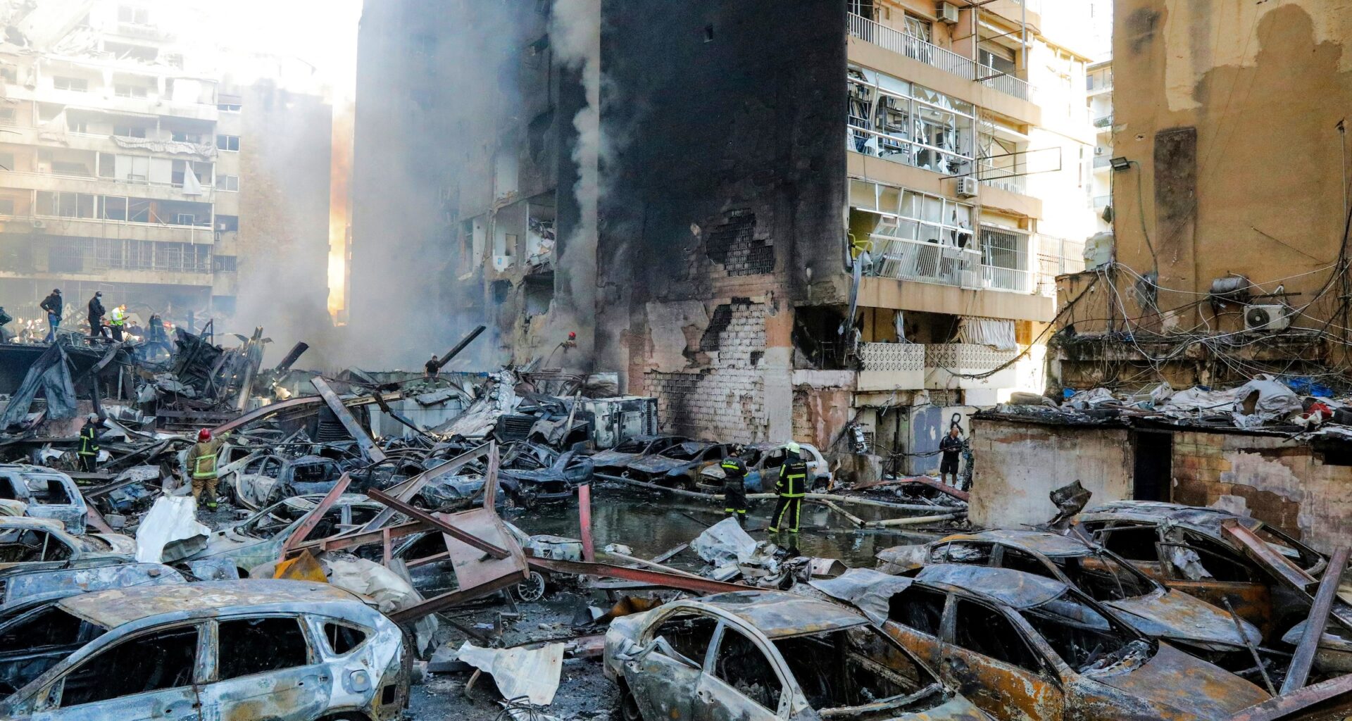 Firefighters attempt to extinguish a fire following an Israeli strike at the Corniche al-Mazraa neighbourhood of Beirut on April 8, 2026. Around 2:00 pm, a series of Israeli strikes slammed into the Lebanese capital without warning, triggering scenes of panic.