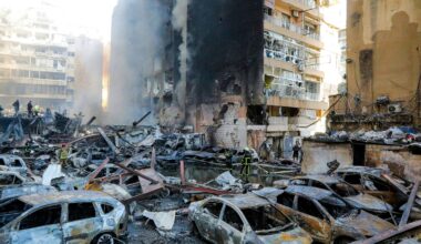 Firefighters attempt to extinguish a fire following an Israeli strike at the Corniche al-Mazraa neighbourhood of Beirut on April 8, 2026. Around 2:00 pm, a series of Israeli strikes slammed into the Lebanese capital without warning, triggering scenes of panic.
