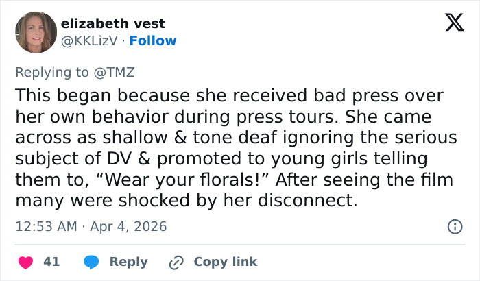 Twitter comment discussing Blake Lively’s lawsuit statement and public reaction to her press tour behavior.