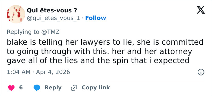 Tweet mentioning Blake Lively’s scathing lawsuit statement with fans reacting strongly to the legal drama online.