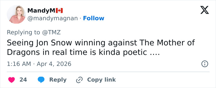 Tweet from MandyM referencing a dramatic moment involving dragons, resonating with Blake Lively's scathing lawsuit statement.
