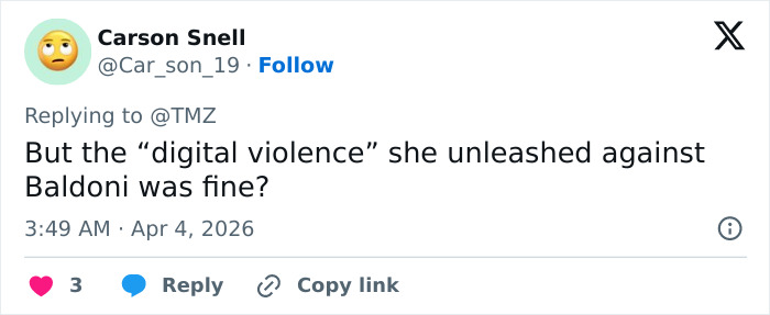 Tweet from Carson Snell criticizing digital violence unleashed, related to Blake Lively’s scathing lawsuit statement online.