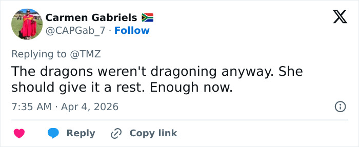 Tweet from Carmen Gabriels responding to Blake Lively's scathing lawsuit statement about losing her dragon.