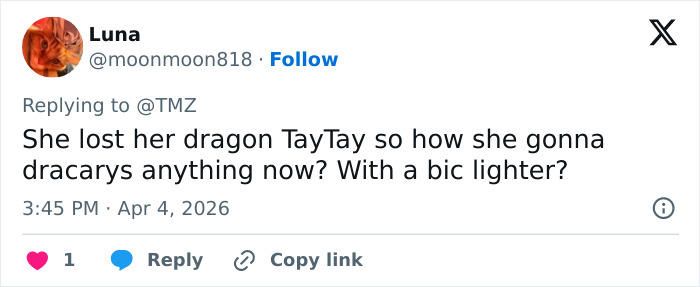 Tweet referencing she lost her dragon and dracarys, reacting to Blake Lively’s scathing lawsuit statement online.