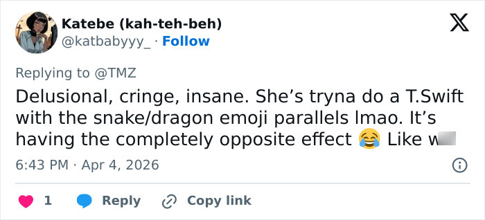 Tweet criticizing Blake Lively’s scathing lawsuit statement, sparking fan frenzy over dragon emoji parallels.