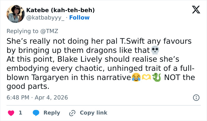 Tweet discussing Blake Lively’s chaotic traits linked to dragons, sparking fan reactions and social media frenzy.