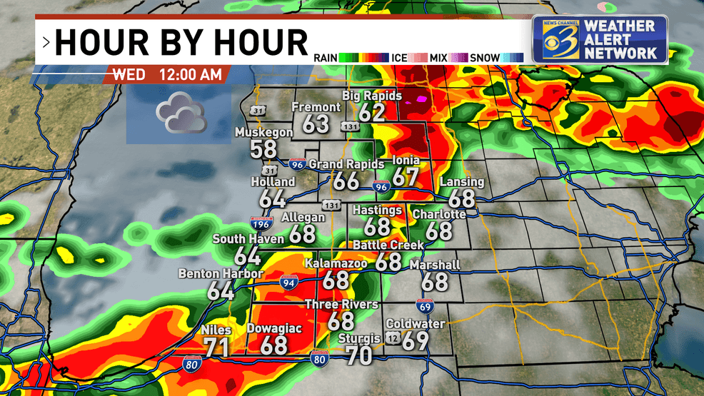 Storm motion will be rapid tonight, somewhere around 40-50 mph, and their projected position is along US 131 and in Kalamazoo county at midnight tonight. (Meteorologist Jeff Porter/WWMT)