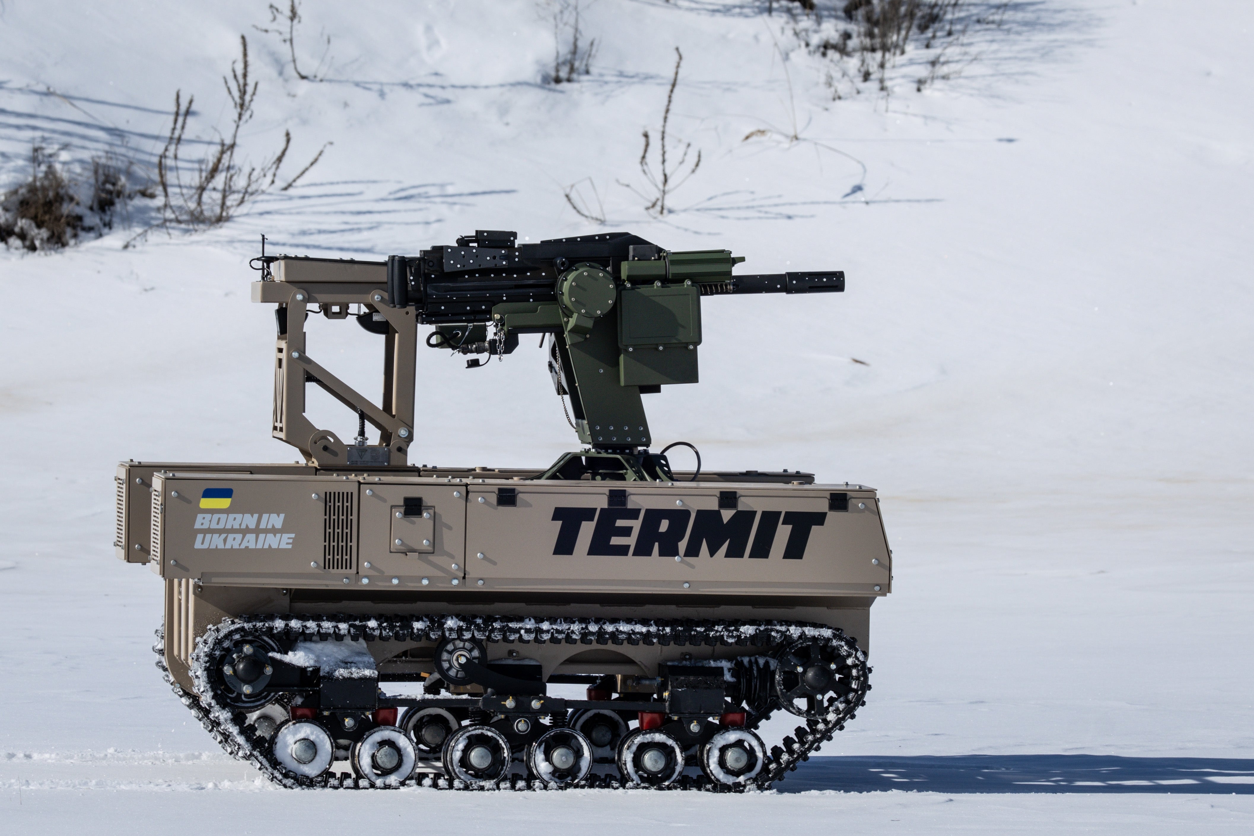 A Tencore Unmanned Ground Vehicle (UGV) TerMIT is driven through snow in the Kyiv region