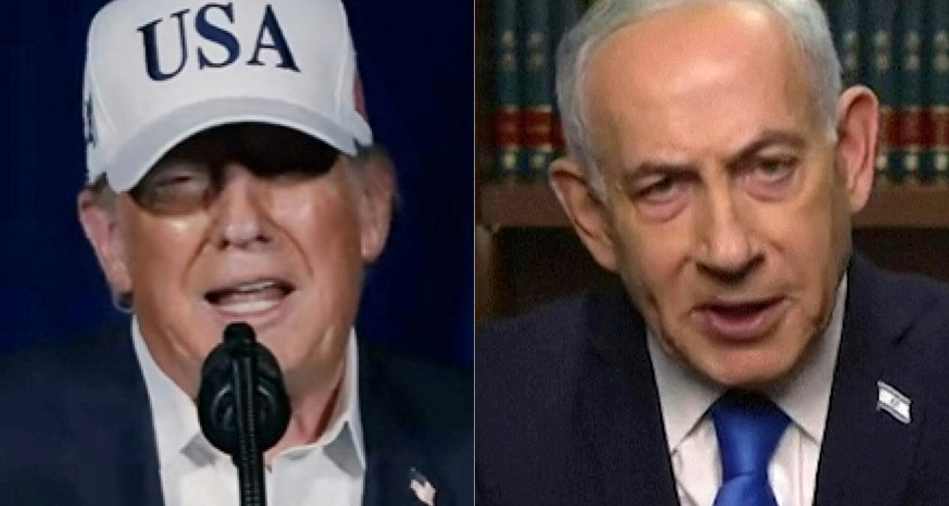 U.S. President Donald Trump (left) is shown on his X account and Israel's Prime Minister Benjamin Netnayahu (right) gives a televised address from his office in Jerusalem.
