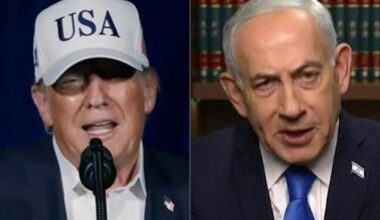 U.S. President Donald Trump (left) is shown on his X account and Israel's Prime Minister Benjamin Netnayahu (right) gives a televised address from his office in Jerusalem.