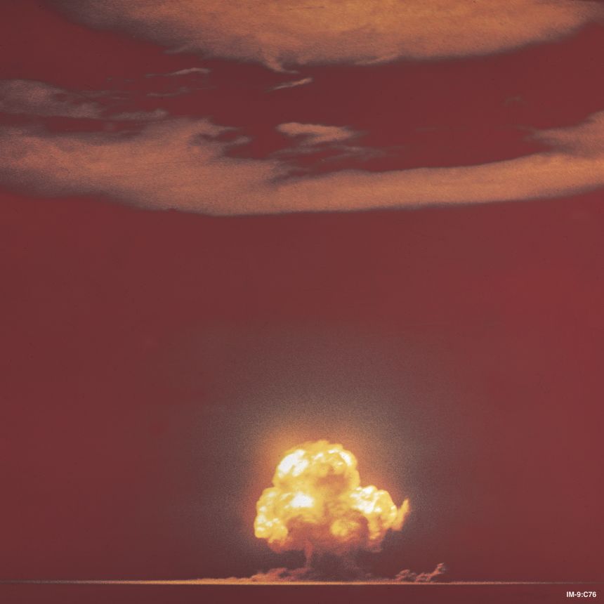 Color photograph of the Trinity mushroom cloud.At 5:29:45 July 16, 1945 Los Alamos scientists successfully conducted the worldís first nuclear weapons test. The test, which Robert Oppenheimer named 