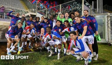 Crystal Palace players celebrate reaching the Conference League semi-finals