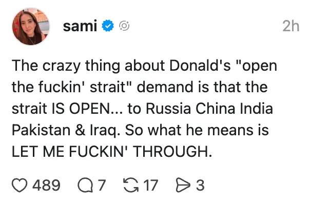 Social media post by Sami critiquing Donald's demand to open a strait, implying it's a political stance to pass through various countries