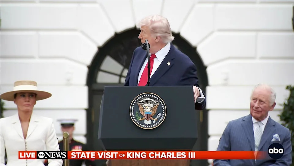Donald Trump turns to speak to Melania Trump during King Charles' state visitCredit: ABC