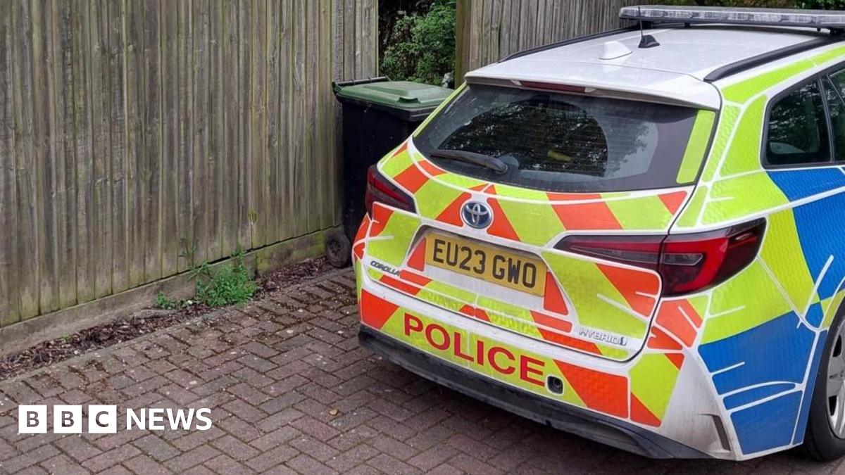 A police car, parked by a fence, with a wheelie bin by it and parked on a brick path.