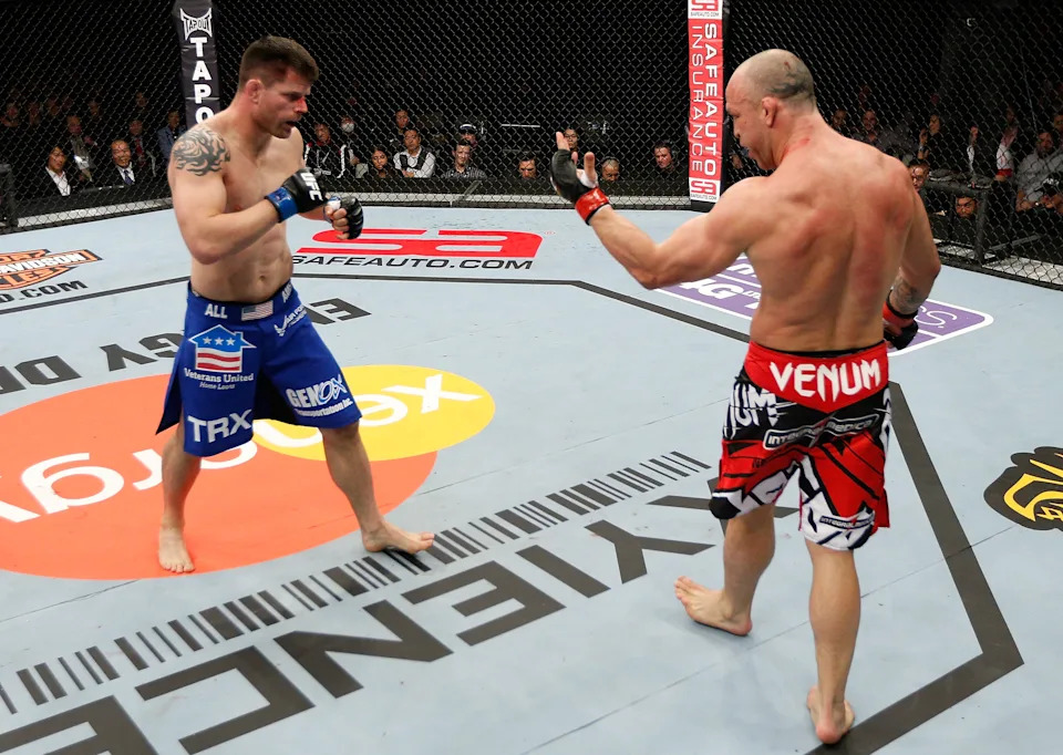 SAITAMA, JAPAN - MARCH 03: (R-L) Wanderlei Silva taunts Brian Stann in their light heavyweight fight during the UFC on FUEL TV event at Saitama Super Arena on March 3, 2013 in Saitama, Japan. (Photo by Josh Hedges/Zuffa LLC/Zuffa LLC via Getty Images)