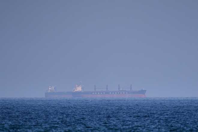 A bulk carrier ship anchored in the Strait of Hormuz, Saturday, April 18, 2026. (AP Photo)