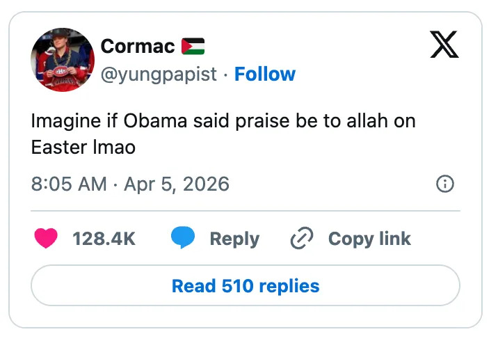A tweet suggesting a scenario where Obama says "praise be to Allah" on Easter, jokingly highlighted by the use of "lmao."