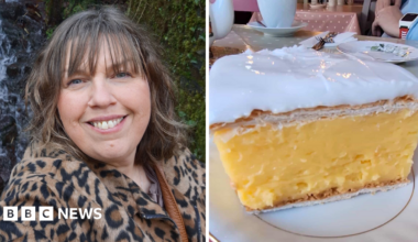 Two photos side by side. On the left is Dawn Fearn, a woman in her 50s. She has shoulder length brown hair and a fringe and smiles at the camera. She is wearing a leopard print coat. On the right is a large custard slice pastry on a plate.
