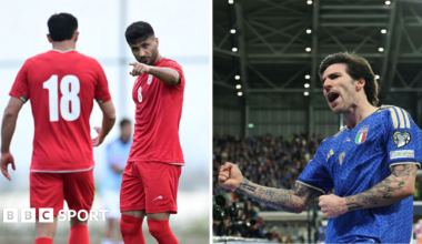 Graphic showing two photos of Mohammed Mohebbi of Iran celebrating and Sandro Tonali of Italy celebrating