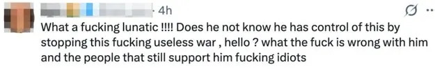 A social media comment expresses anger about a person continuing a "useless war," questioning their judgment and criticizing their supporters