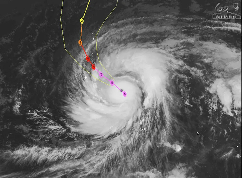 Super Typhoon Sinlaku's forecast track shows a direct hit on the Northern Mariana islands, Rota and Tinan on Tuesday morning. A shift in the forecast track takes the worst impacts north of Guam. (CIMSS)