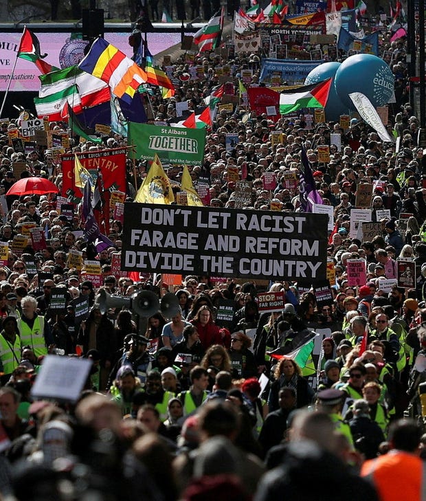 Demonstrators march against far-right extremism in London, organised by the Together Alliance, a coalition of unions and civil society groups.