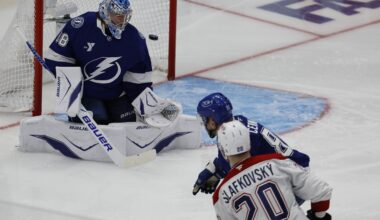Montreal Canadiens left wing Juraj Slafkovsky scores on Tampa Bay Lightning goaltender Andrei Vasilevskiy.