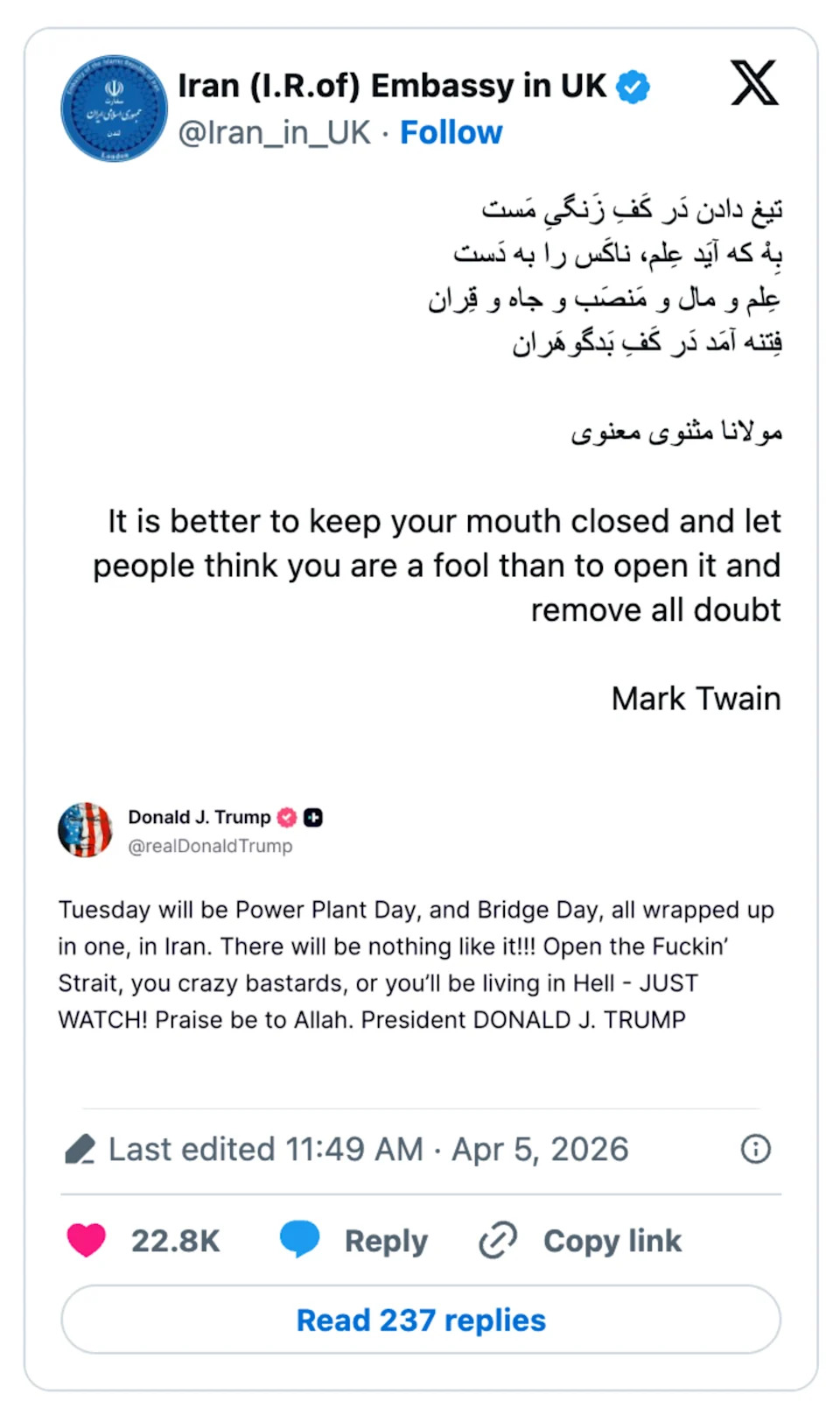 A tweet by Iran Embassy in UK quotes Mark Twain about staying silent, with partial text from a tweet by Donald J. Trump below