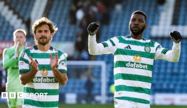 Celtic players Marcelo Saracchi and Kelechi Iheanacho celebrate