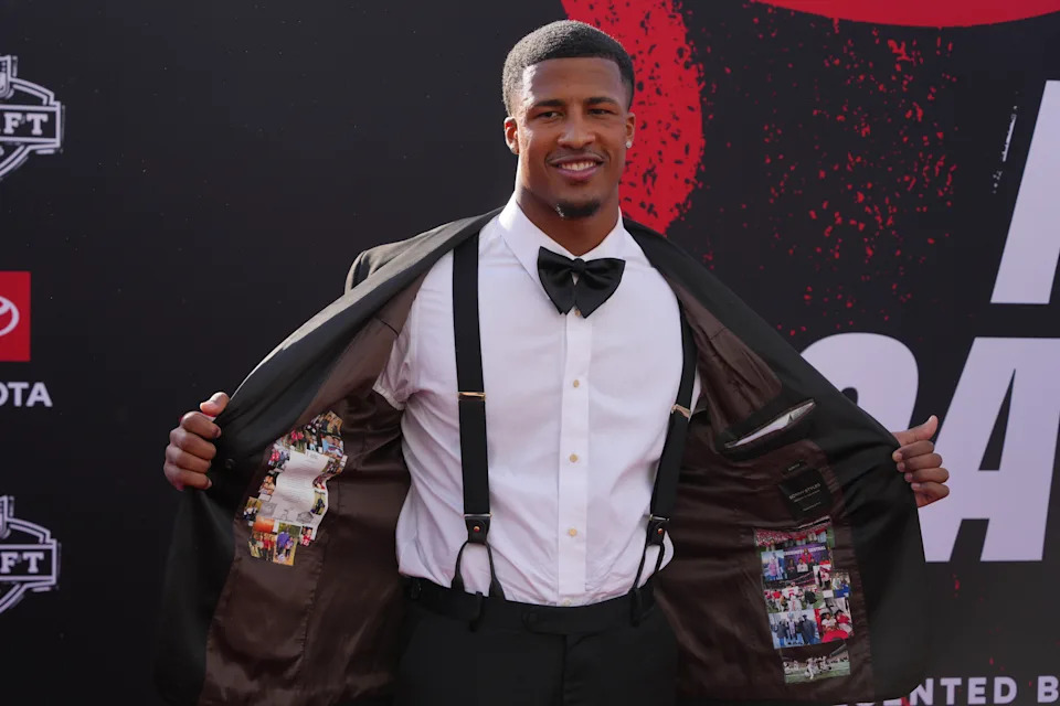 Ohio State linebacker Sonny Styles poses on the red carpet before the first round of the NFL football draft in Pittsburgh.