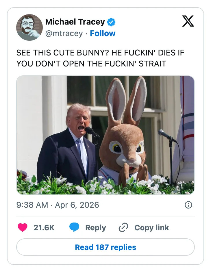 Social media post with a person and a person in a large bunny costume at a podium. Text humorously urges action to "save" the bunny