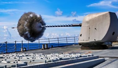 (July 29, 2025) The Ticonderoga-class guided-missile cruiser USS Princeton (CG 59) fires its forward Mark 45 5-inch gun during a weapons maintenance shoot, July 29, 2025. The Carl Vinson Carrier Strike Group is underway conducting routine operations in the U.S. 3rd Fleet area of operations. (U.S. Navy photo by Mass Communication Specialist 1st Class Jacob I. Allison)