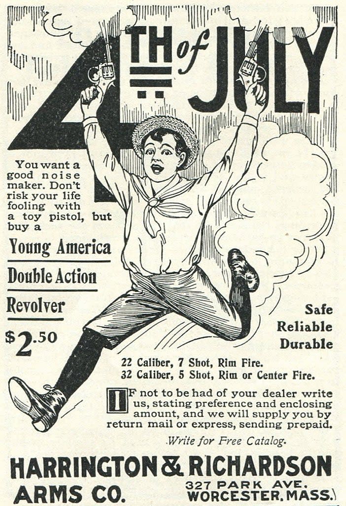 Vintage advertisement for Harrington & Richardson Arms Co., promoting a Young America double-action revolver for $2.50, with safety and durability emphasized