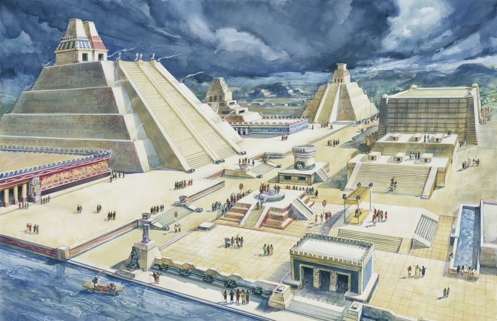 Illustration of the ancient city of Tenochtitlán, showing detailed architecture, pyramids, and people in a bustling urban scene
